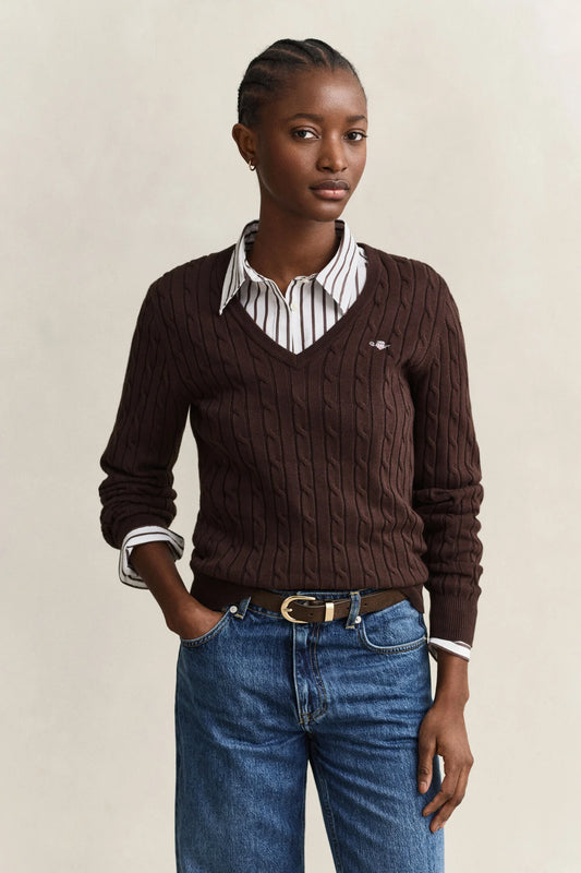 Stretch Cotton Cable Chocolate Knit V-Neck Sweater