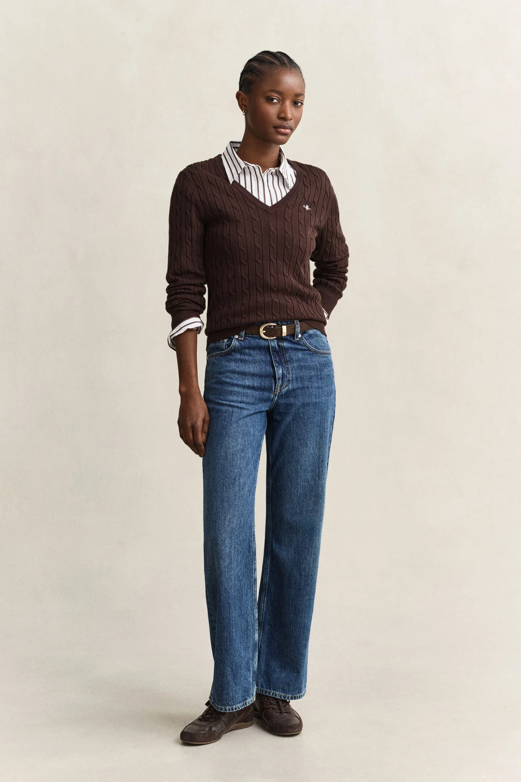 Stretch Cotton Cable Chocolate Knit V-Neck Sweater