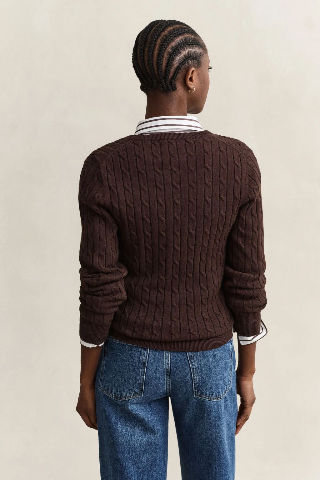 Stretch Cotton Cable Chocolate Knit V-Neck Sweater