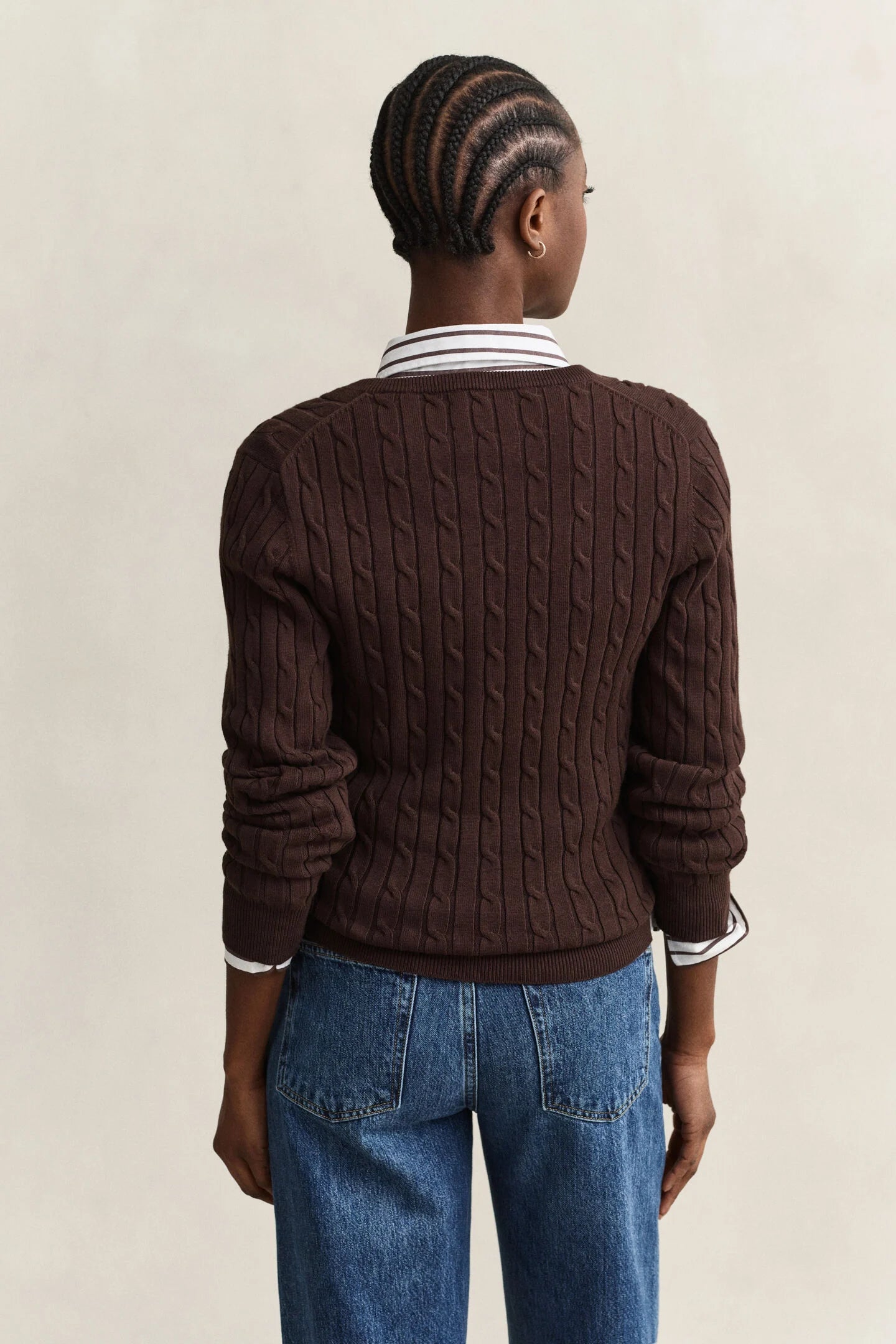 Stretch Cotton Cable Chocolate Knit V-Neck Sweater