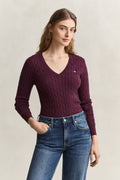 Stretch Cotton Cable Dark Wine Knit V-Neck Sweater