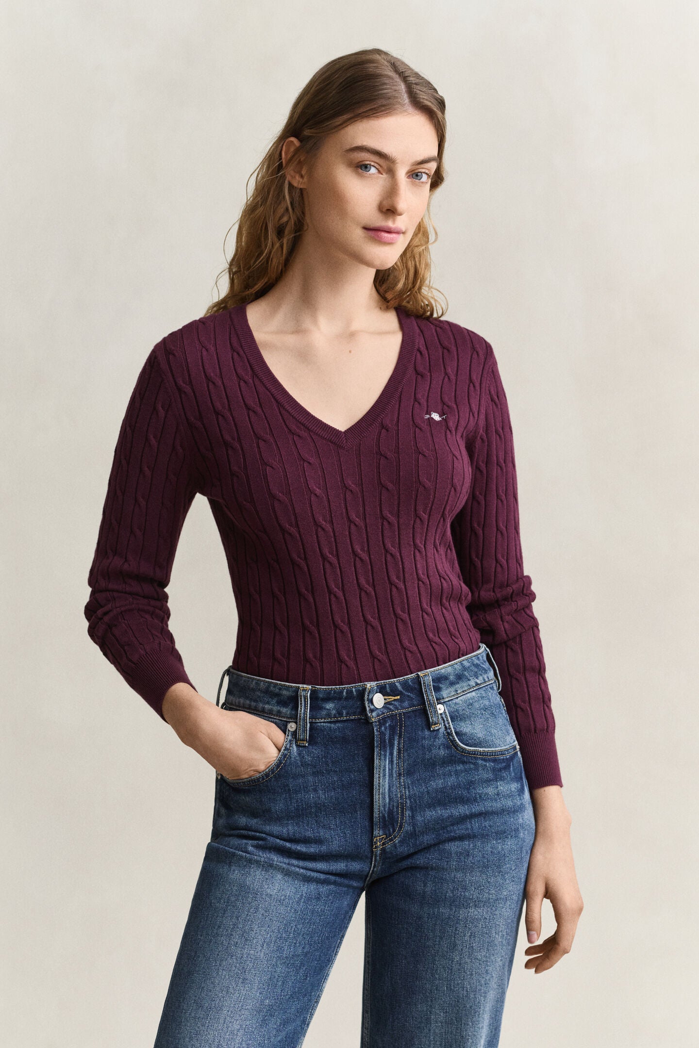 Stretch Cotton Cable Dark Wine Knit V-Neck Sweater