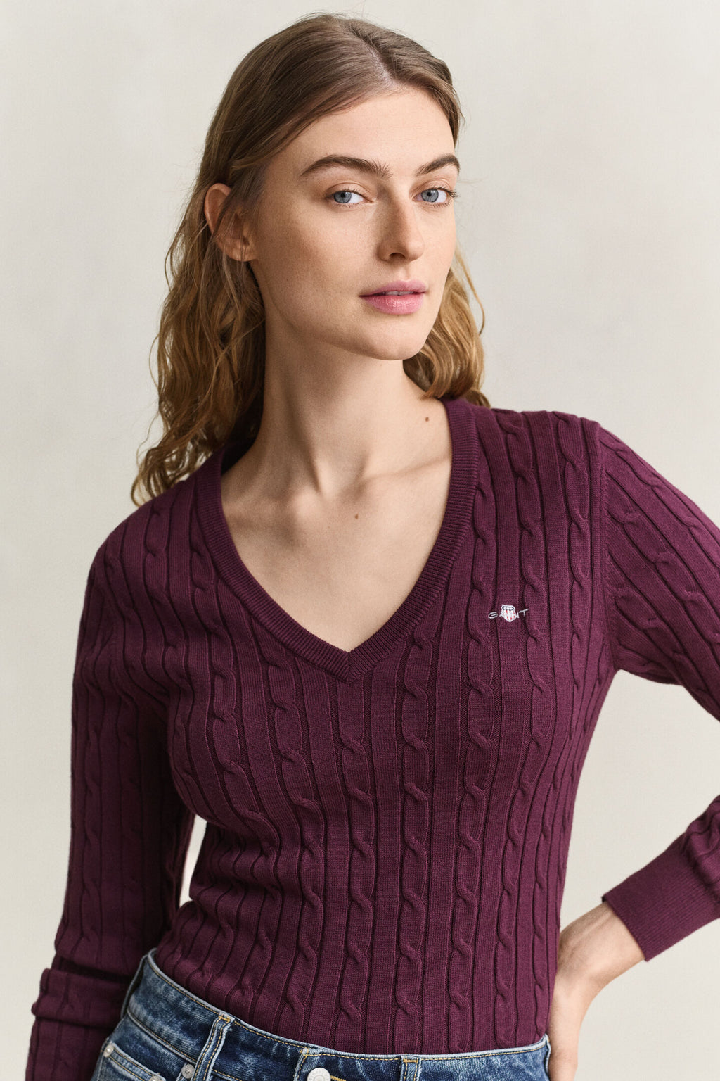 Stretch Cotton Cable Dark Wine Knit V-Neck Sweater