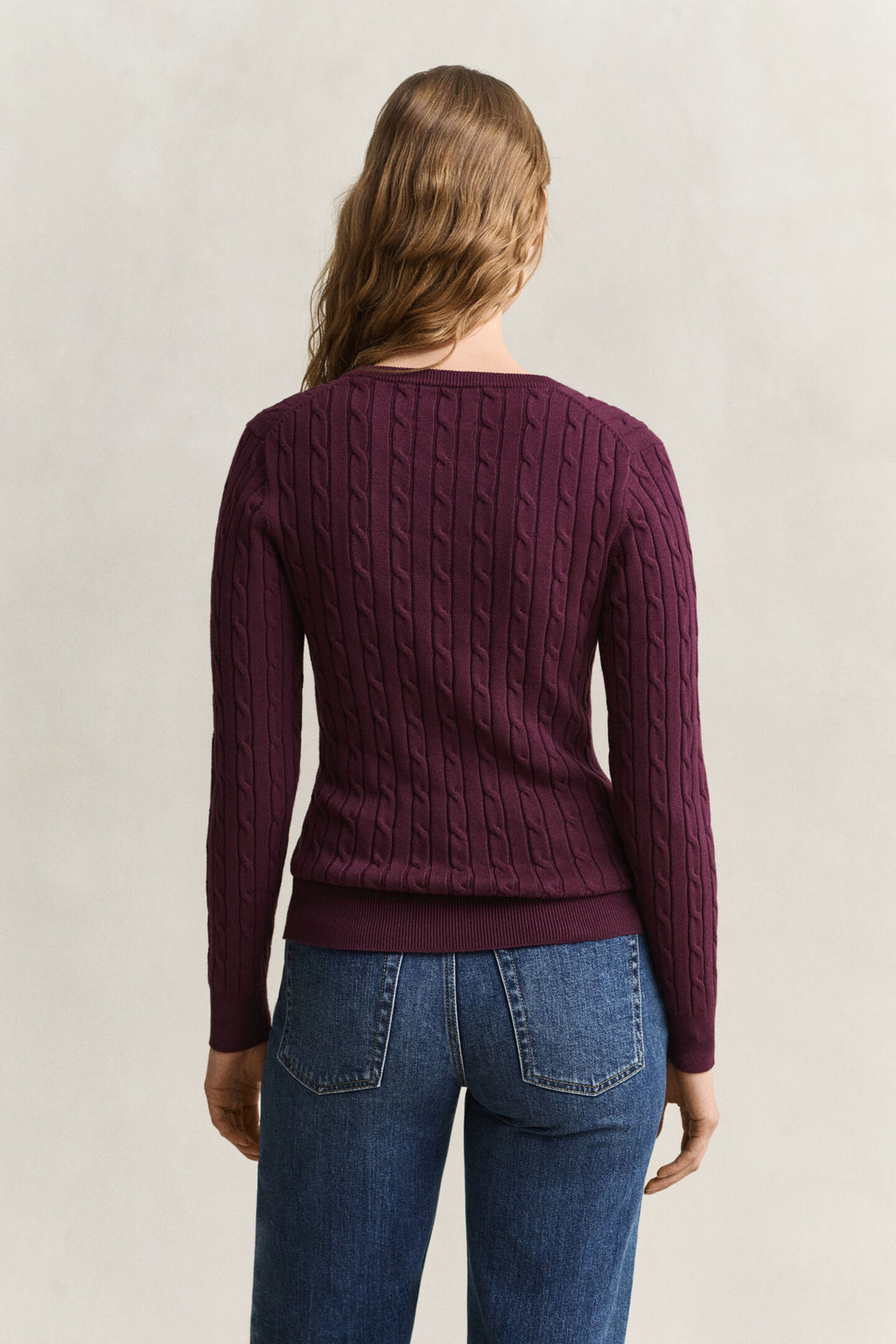 Stretch Cotton Cable Dark Wine Knit V-Neck Sweater