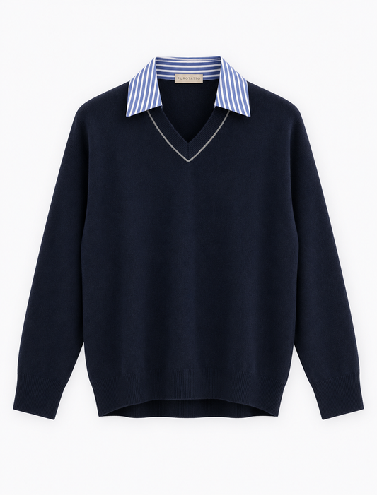 Puro Navy Cashmere Collared Knit
