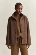 Checked Wool Blend Funnel Button Coat