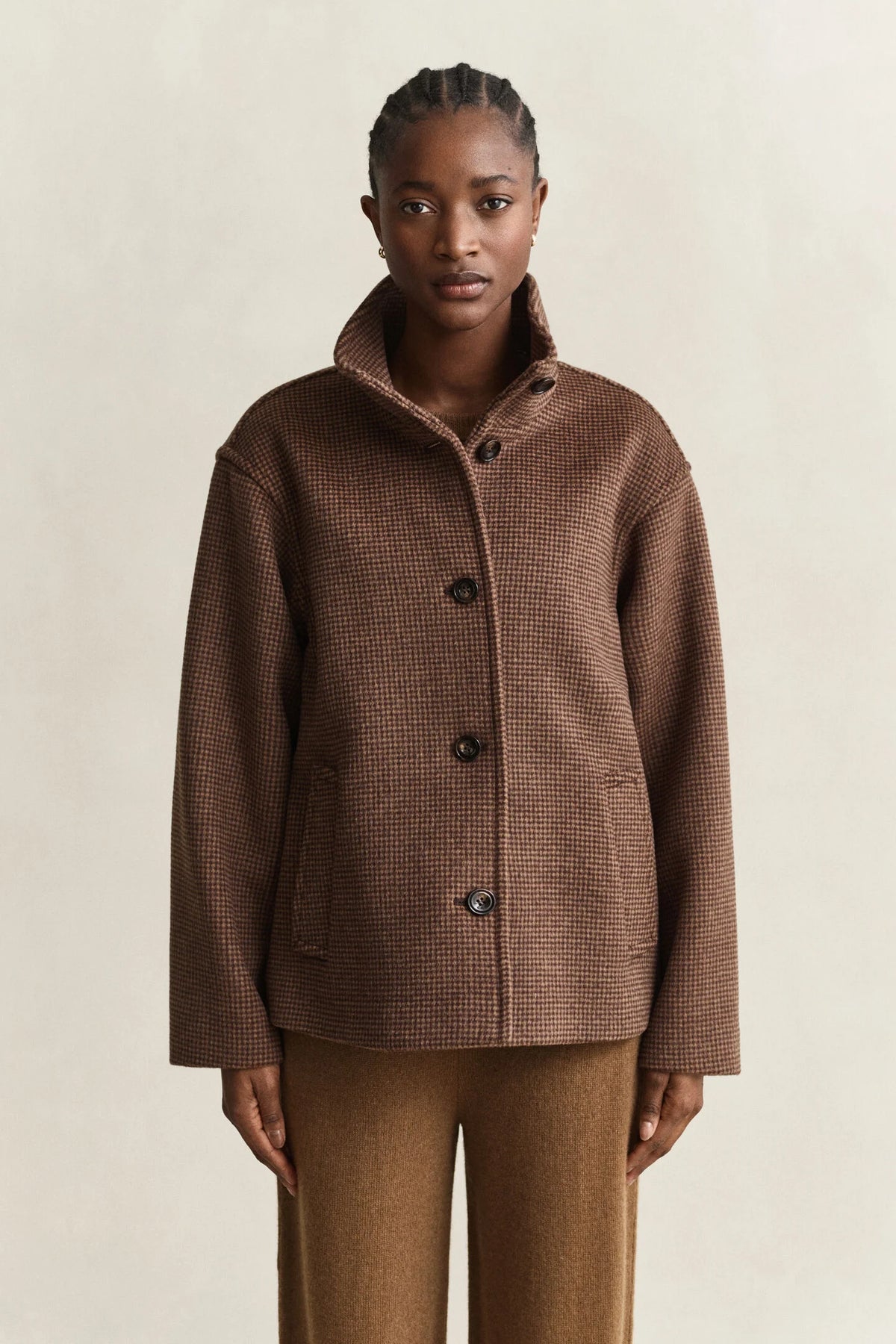 Checked Wool Blend Funnel Button Coat