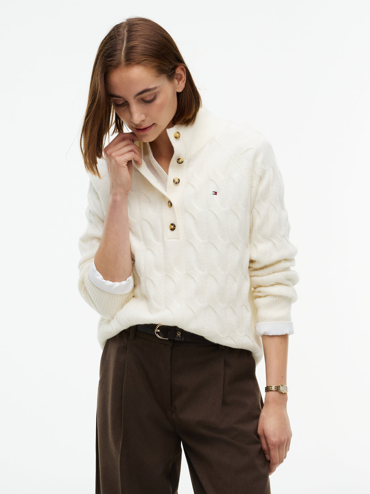 Soft Wool Cream Cable Button Knit