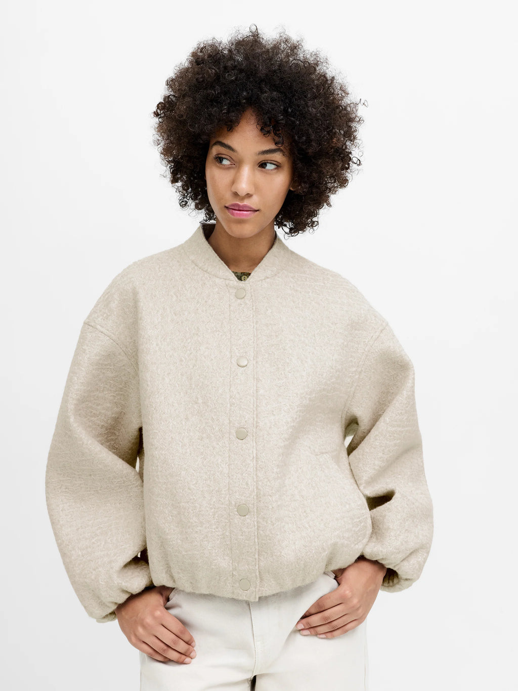 Nellie Oatmeal Textured Bomber Jacket