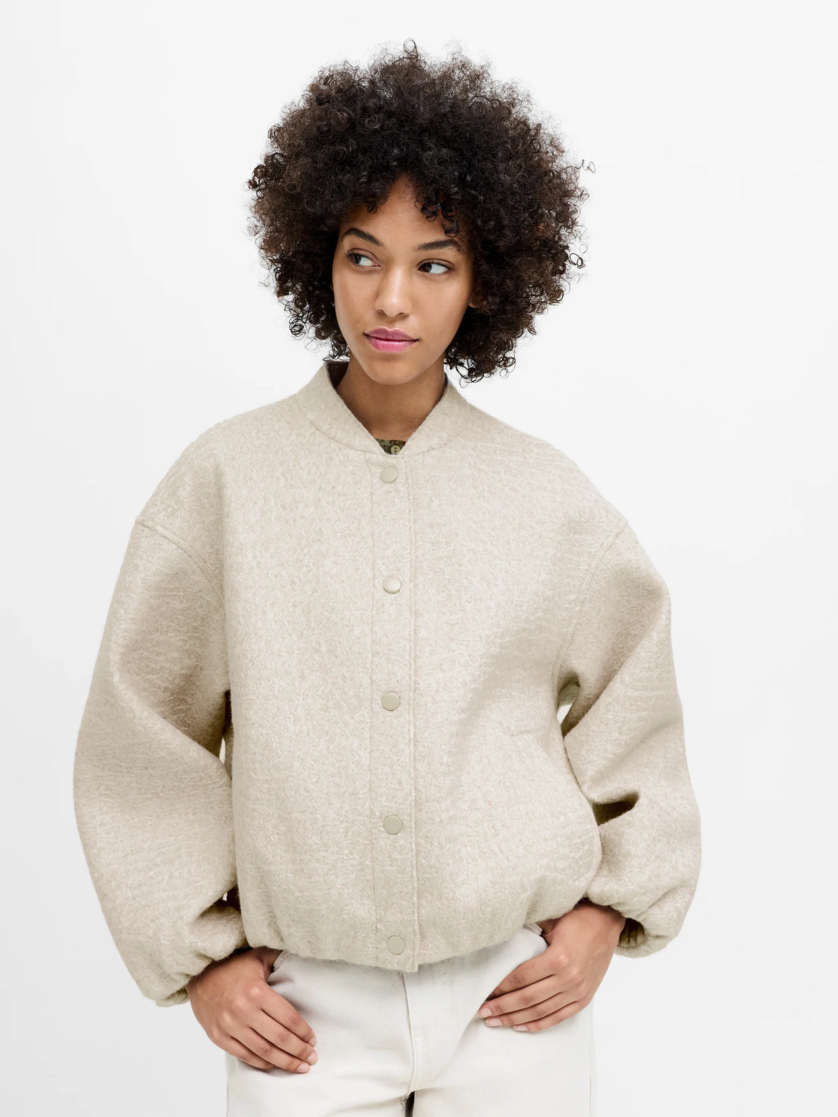 Nellie Oatmeal Textured Bomber Jacket