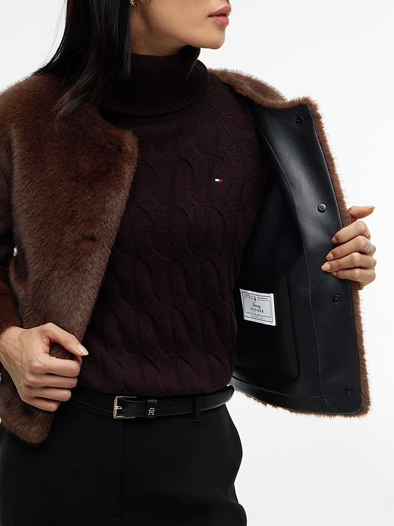 Collarless Faux Fur Jacket