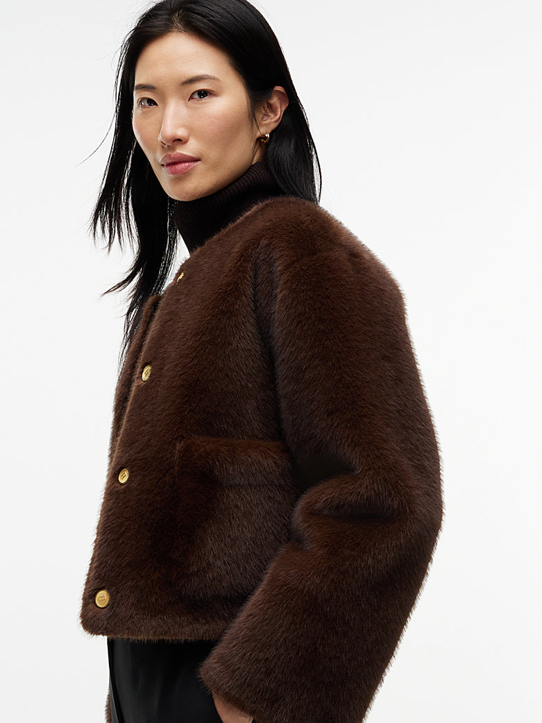 Collarless Faux Fur Jacket