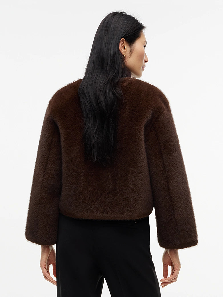 Collarless Faux Fur Jacket
