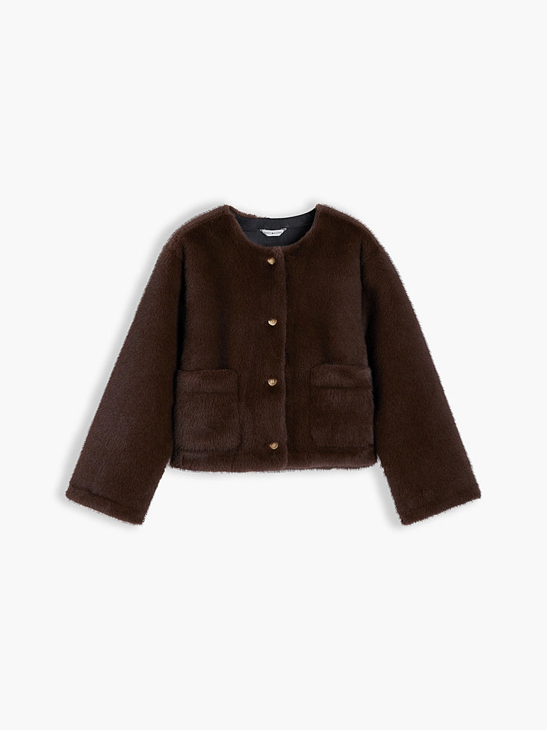 Collarless Faux Fur Jacket