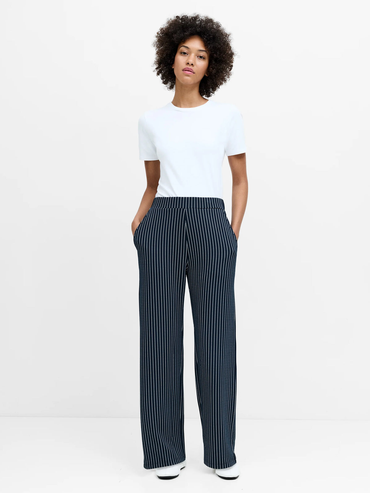 Wren Pinstripe Pull-On Navy Blue Wide Leg Trousers