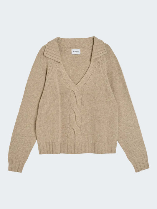Cashmere Cable Beige Open Neck Knit