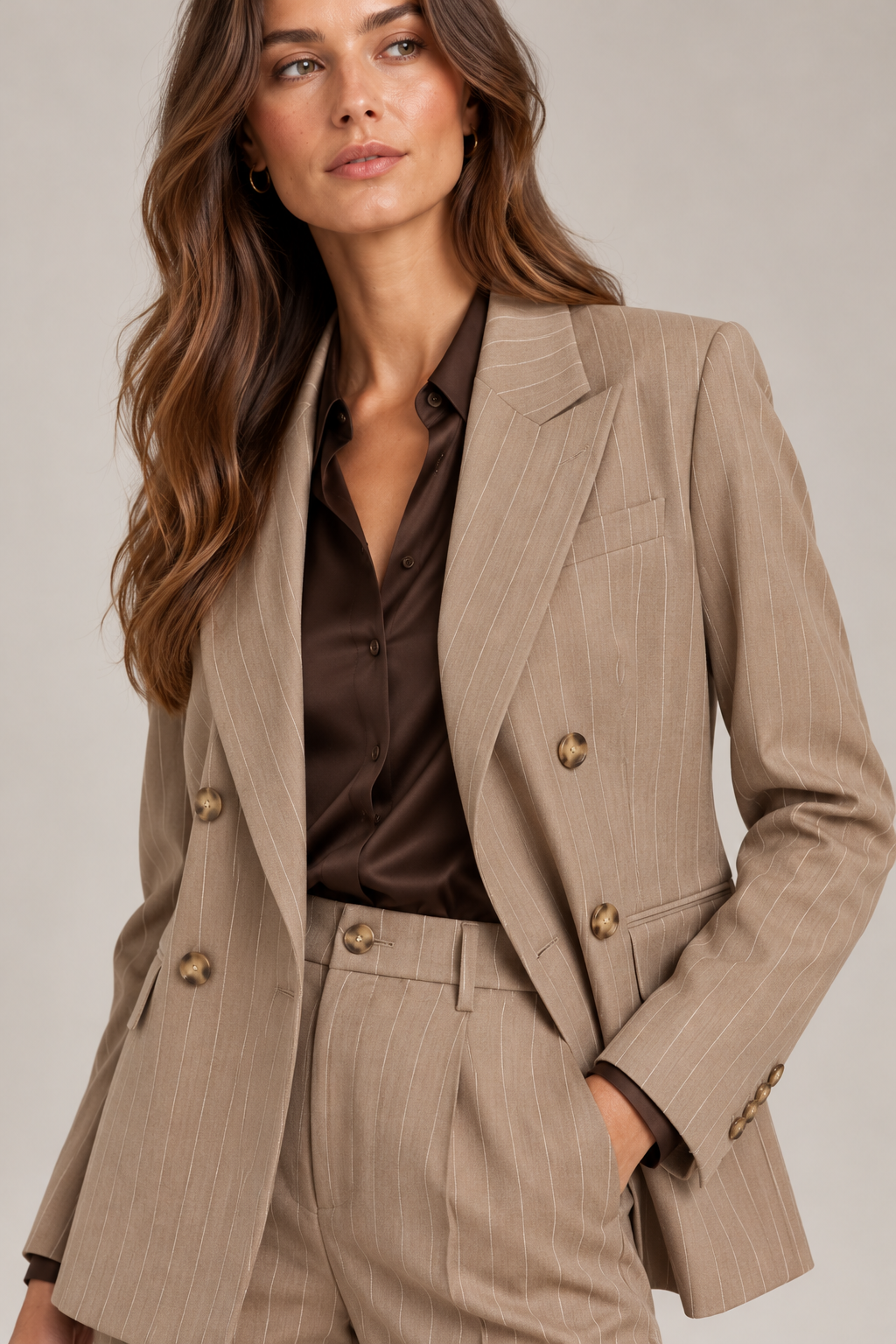 Solene Champagne Beige Pinstripe Blazer