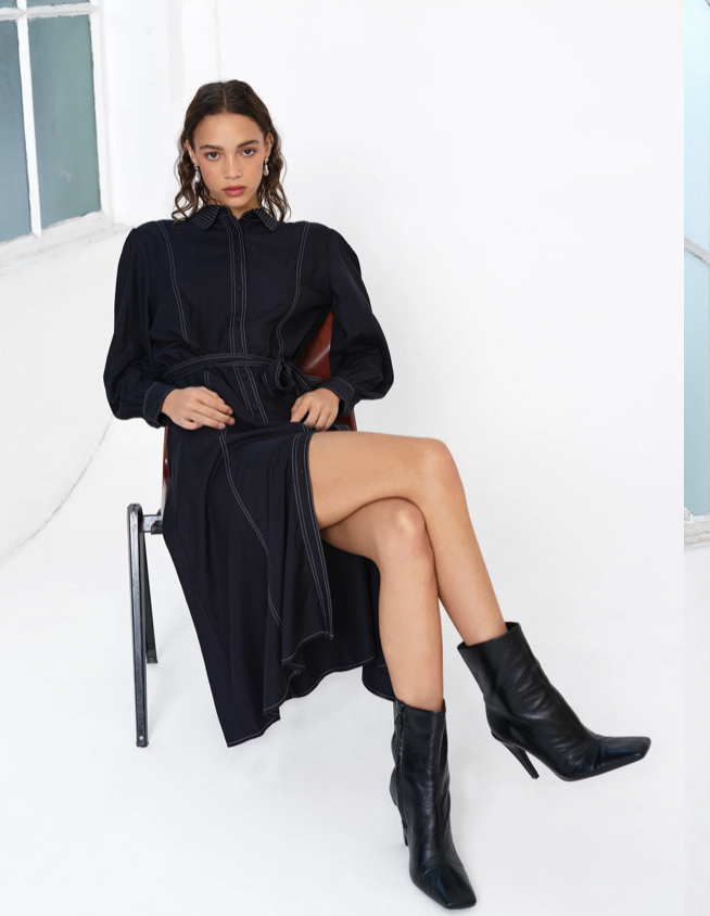 Rochelle Viscose Twill Contrast Stitching Shirt Dress