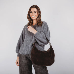 Suede Crescent Chocolate Shoulder Bag