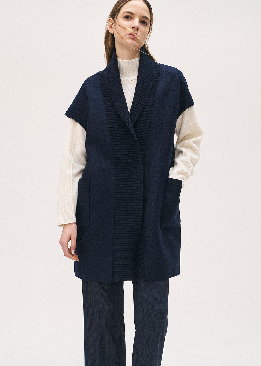 The Navy Boiled Wool Sleeveless Coat