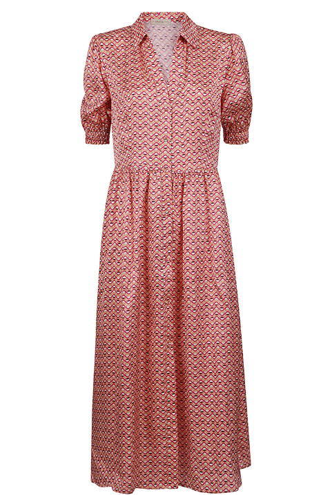 Pattern Pink Piping Silk Shirt Dress