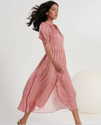 Pattern Pink Piping Silk Shirt Dress