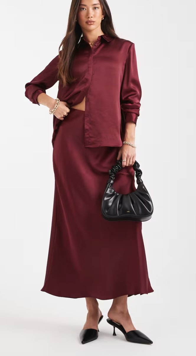 Burgundy Satin Midi Skirt