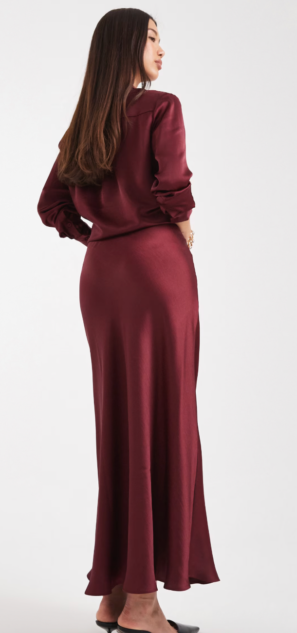 Burgundy Satin Midi Skirt