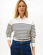 Stripe Gold-Tone Button Mock Neck Jumper