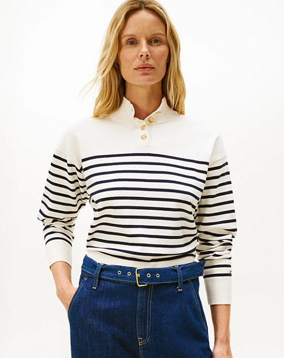 Stripe Gold-Tone Button Mock Neck Jumper