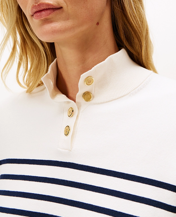 Stripe Gold-Tone Button Mock Neck Jumper