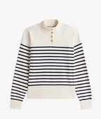 Stripe Gold-Tone Button Mock Neck Jumper