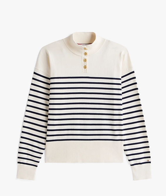 Stripe Gold-Tone Button Mock Neck Jumper