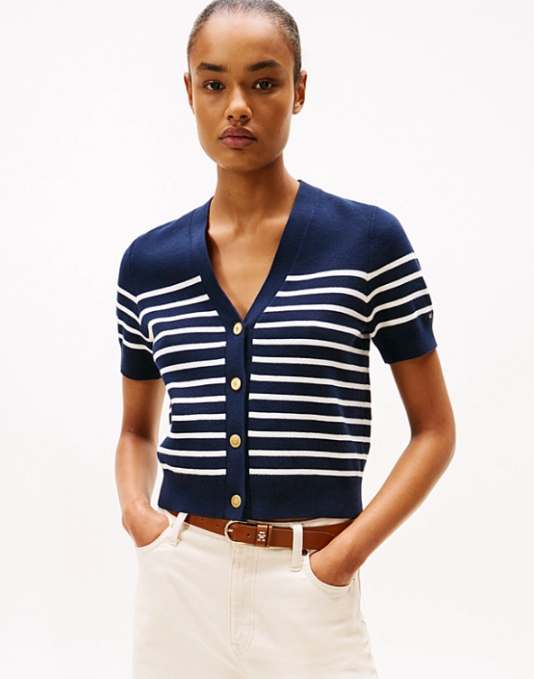 Jersey Gold-Tone Button Short Sleeve Cardigan