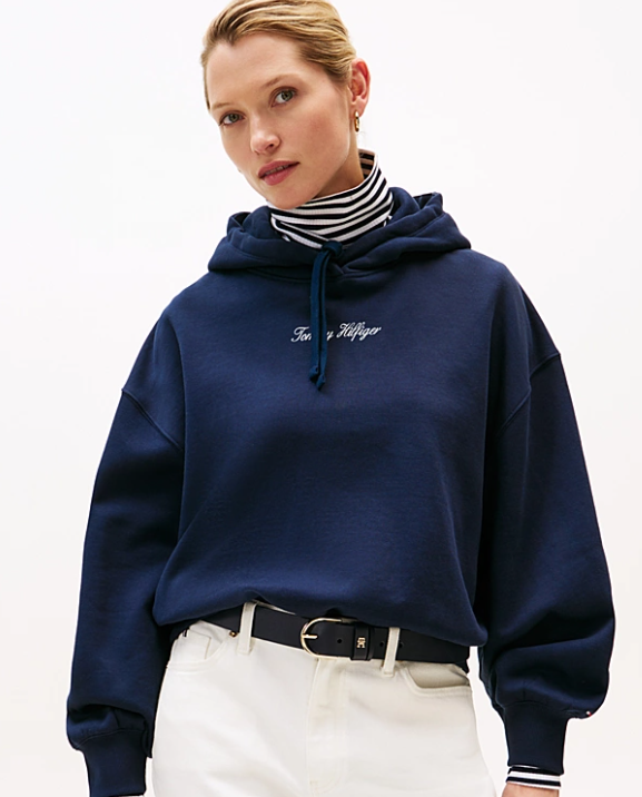 Textured Logo Relaxed Navy Hoodie