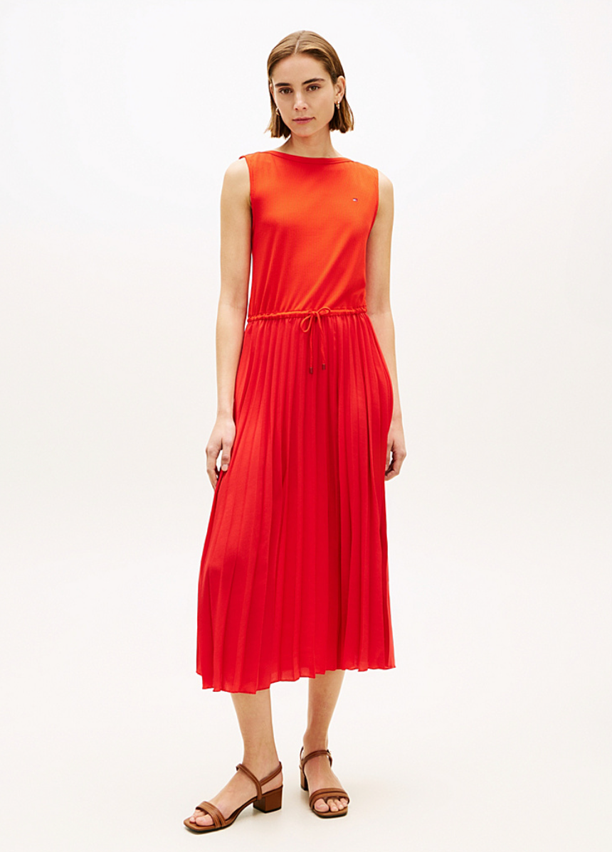 Pleated Red Sleeveless Rib Dress