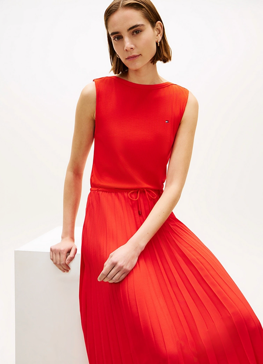 Pleated Red Sleeveless Rib Dress