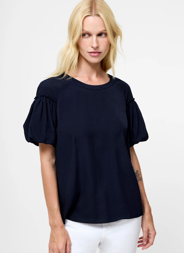 Crepe Light Puff Sleeve Navy Top