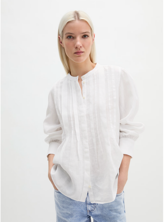 The White Pleated Front Linen Blouse