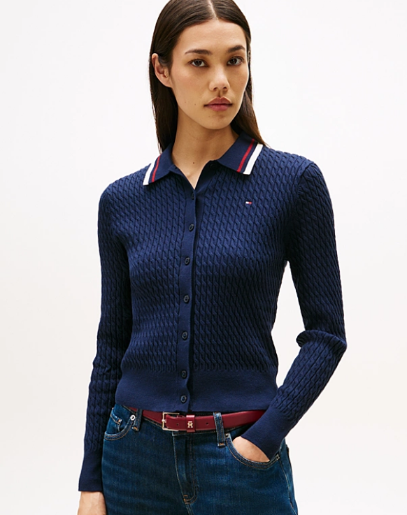 Fine Cable Knit Polo Collar Cardigan