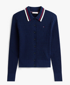 Fine Cable Knit Polo Collar Cardigan