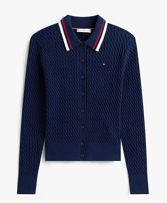 Fine Cable Knit Polo Collar Cardigan