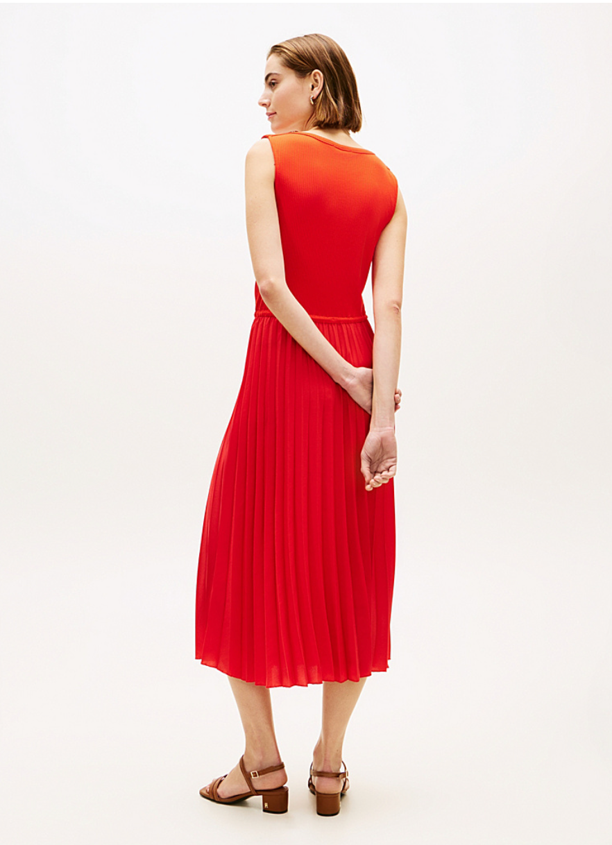 Pleated Red Sleeveless Rib Dress
