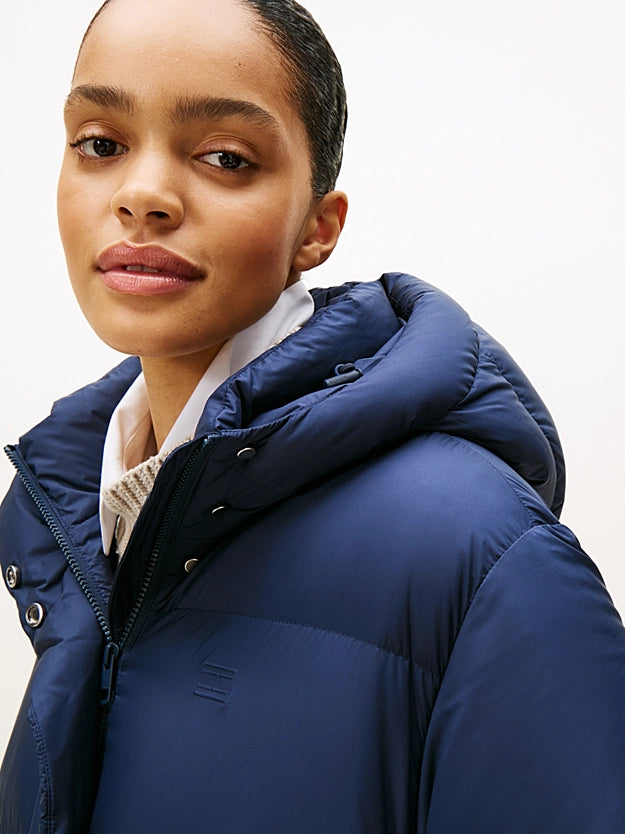 Water Repellent Down Navy Hooded Coat