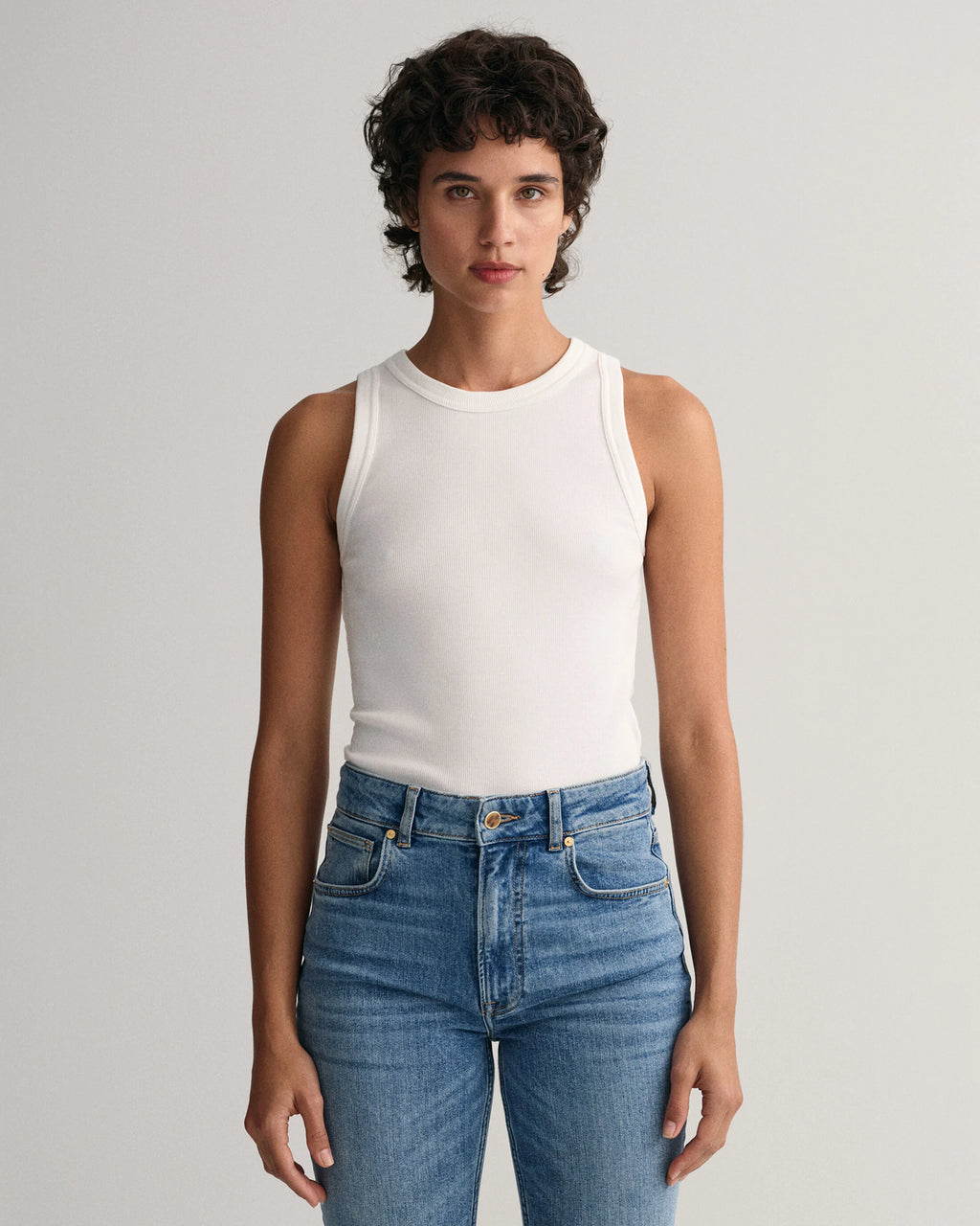 High Neck Ribbed Tank Top - White