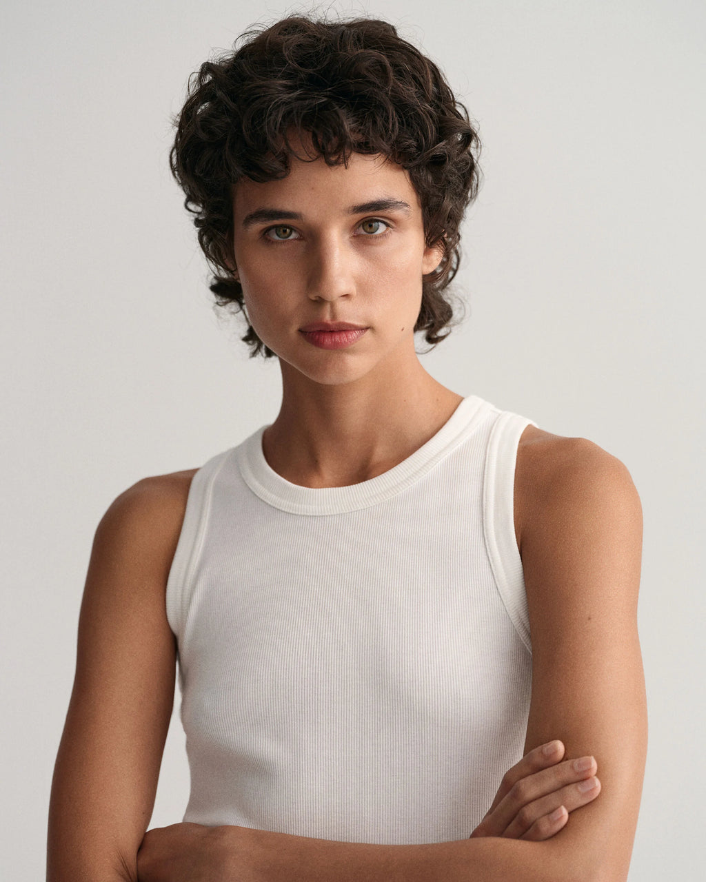 High Neck Ribbed Tank Top - White