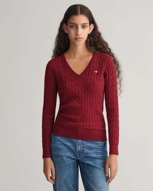 Stretch Cotton V-Neck Cable - Plumped Red