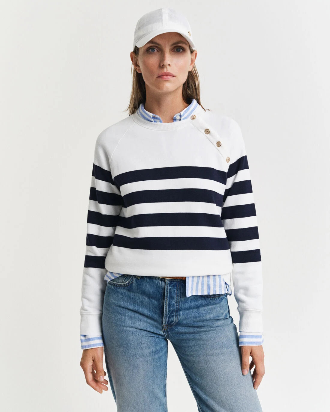 Striped Gold Buttoned Crew Neck