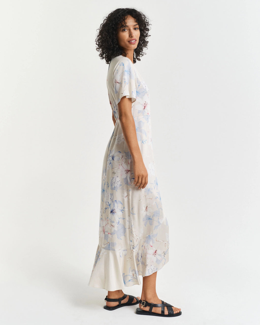 Floral Print Frilly Short Sleeve Wrap Dress