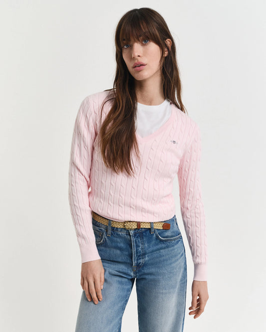 Cotton Cable Crew V-Neck Salmon Pink